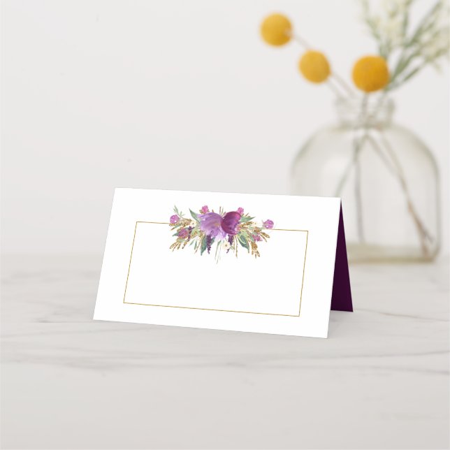 #2 Gold Purple Amethyst Wildflowers Place Cards (Front)