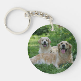 2 Golden Retrievers Laying in Grass Key Ring