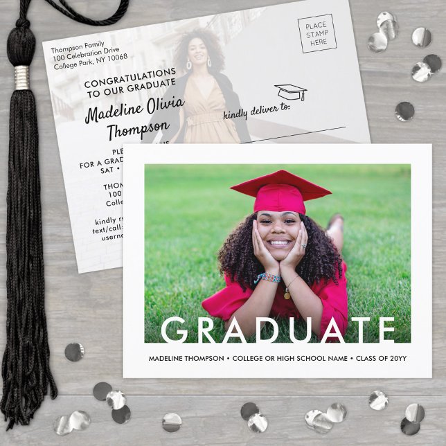 2 Graduate Photos Modern Minimal Graduation Party Invitation Postcard (Creator Uploaded)