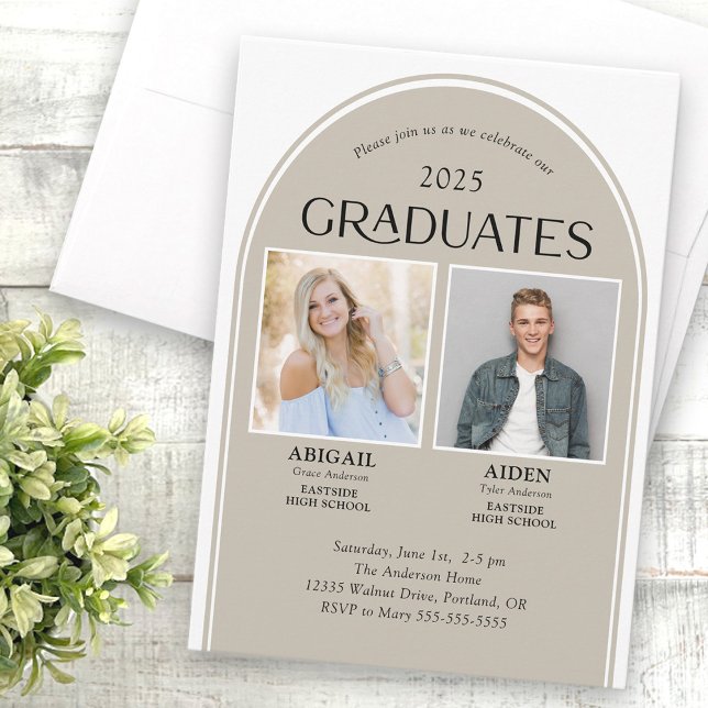 2 Graduates Tan Arch Double Graduation Invitation (Creator Uploaded)