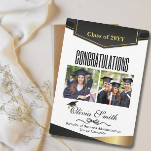 2 Graduation Photo Congratulations Black Gold Holiday Card
