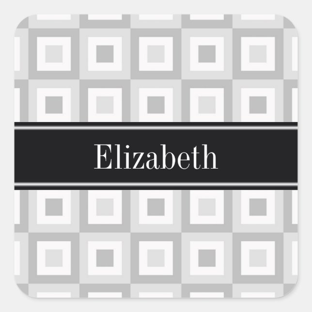 2 Grey Wht Concentric Square Black Name Monogram Square Sticker (Front)
