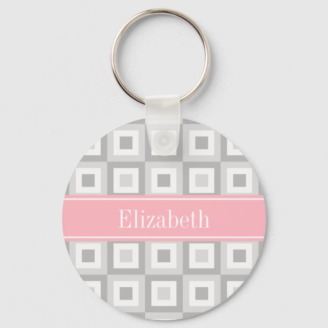 2 Grey Wht Concentric Square Pink Name Monogram Key Ring (Front)