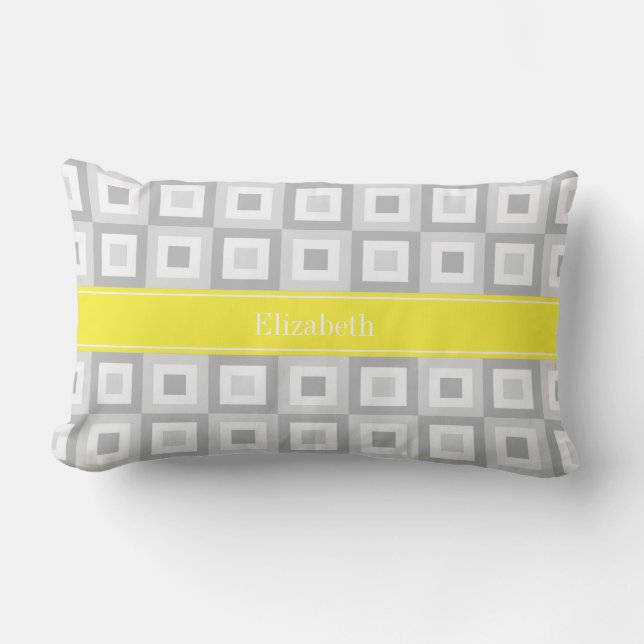 2 Grey Wht Concentric Square Yellow Name Monogram Lumbar Cushion (Front)