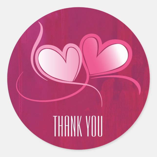 2 Hearts Dancing on Fuschia Pink Thank You Classic Round Sticker (Front)
