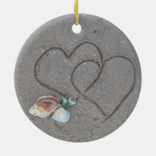 2 Hearts  in the sand with shells Ceramic Tree Decoration