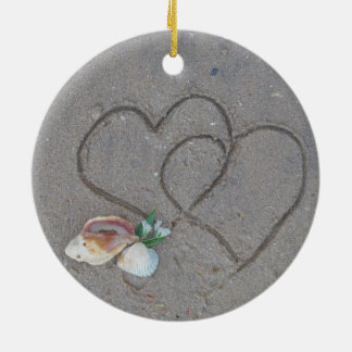2 Hearts in the sand with shells Ceramic Tree Decoration