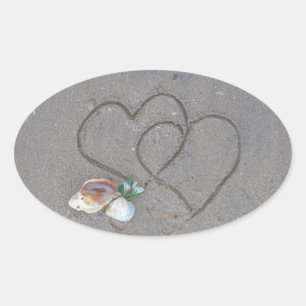 2 Hearts  in the sand with shells Oval Sticker