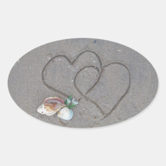 2 Hearts  in the sand with shells Oval Sticker