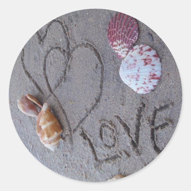 2 Hearts  in the sand with shells with Love Classic Round Sticker (Front)