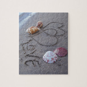 2 Hearts  in the sand with shells with Love Jigsaw Puzzle