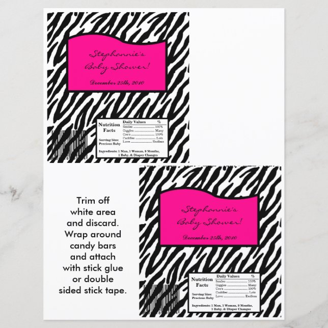 2 Hershey's Large Bar Wrapper Hot Pink Zebra Print (Front)