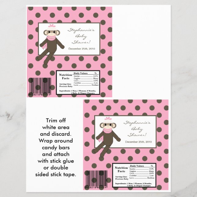 2 Hershey's Large Bar Wrapper Pink Sock Monkey (Front)