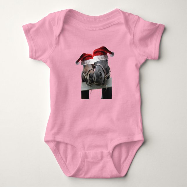 2 Horses wearing Santa Claus Hats for Christmas Baby Bodysuit (Front)