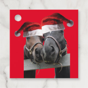 2 Horses wearing Santa Claus Hats for Christmas Favour Tags