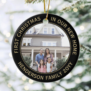 2 House Pictures First Xmas New Home Black & Gold Ceramic Tree Decoration