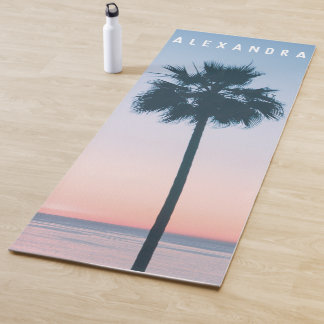 2-in-1 Tropical Pink & Blue Palm Tree Sunset Name Yoga Mat