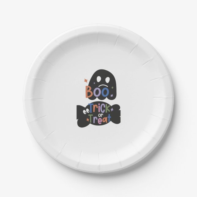 2 In One Halloween Stickers Boo and Trick or Treat Paper Plate (Front)