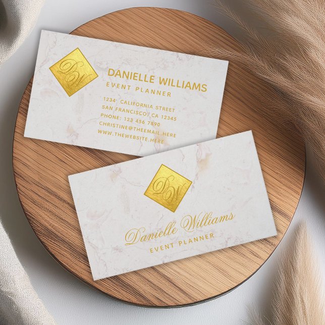 2 Initials Monogram Faux Gold Foil White Marble Business Card (Creator Uploaded)