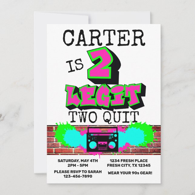 2 Legit Two Quit Fresh Graffiti 90s Style Birthday Invitation (Front)