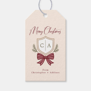 2 Letter Monogram Crest Bow Merry Christmas Gift Tags