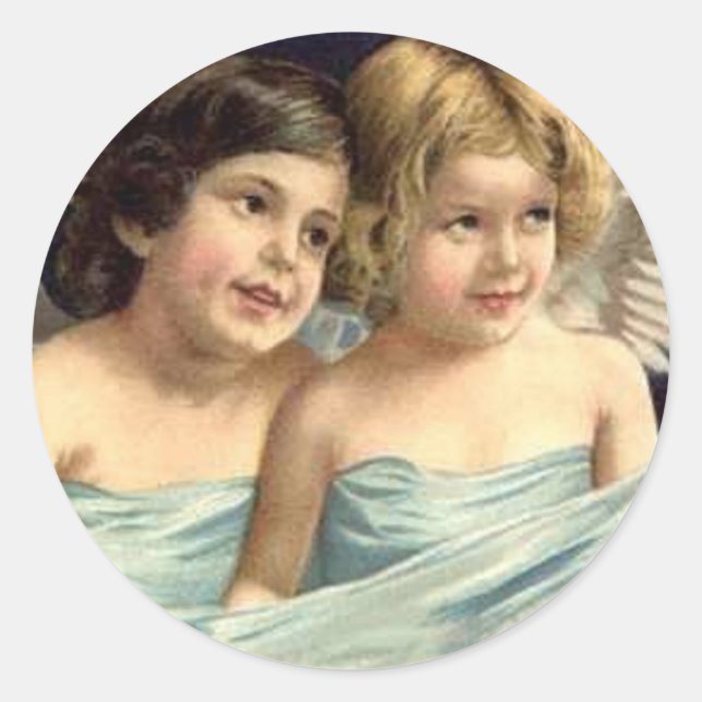 2 Little Angels Draped in Blue Classic Round Sticker (Front)