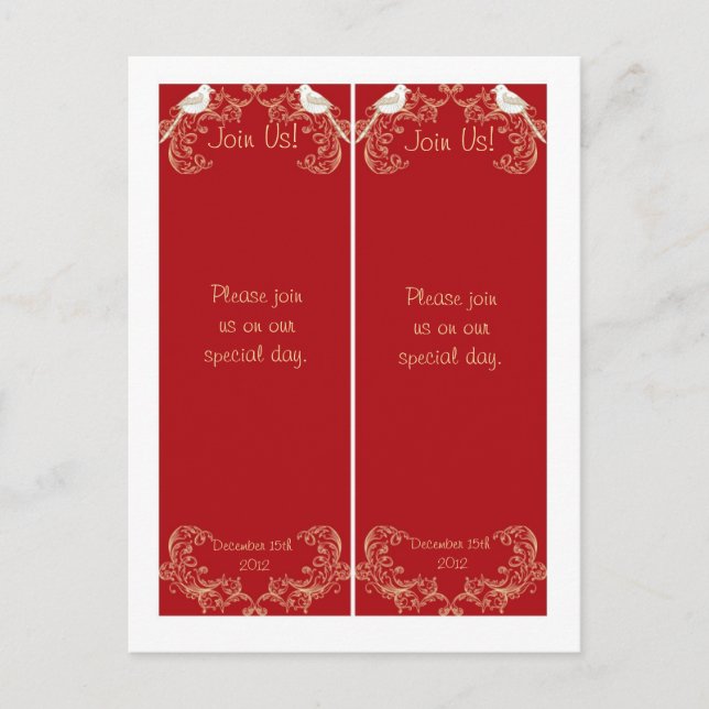 2 Love Birds Crimson/Creme Wedding Bookmarks Postcard (Front)