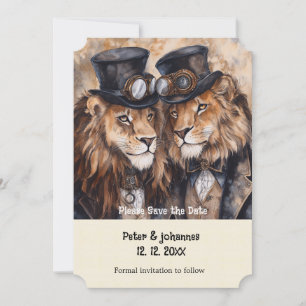 2 male lions steampunk Save the date Invitation