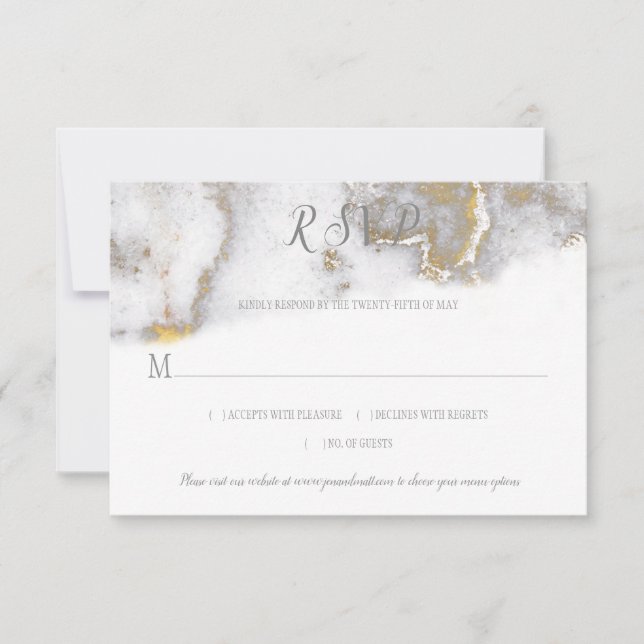 #2 Modern Gold Glitter and Grey Marble Effect RSVP Card (Front)
