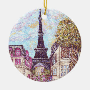 2 Paris Inspired Cityscapes W/Eiffel Tower Rnd Orn Ceramic Tree Decoration