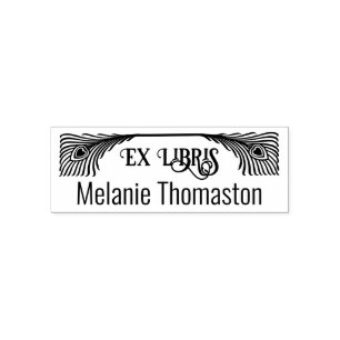 2 Peacock Feathers Art Nouveau Ex Libris Library Self-inking Stamp