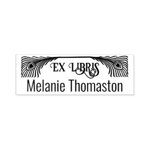 2 Peacock Feathers Art Nouveau Ex Libris Library Self-inking Stamp