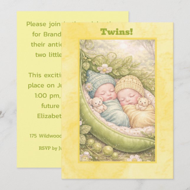 2 Peas in a Pod Twins Digital Download Invitations (Front/Back)