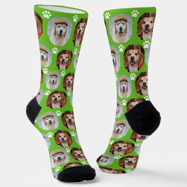 2 Pet 2 Photo Sporty Green Paw Prints  Cute Socks (Angled)