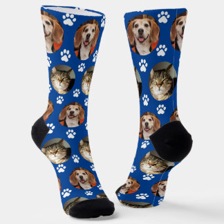 2 Pet Photo Paw Prints Cute Blue Socks