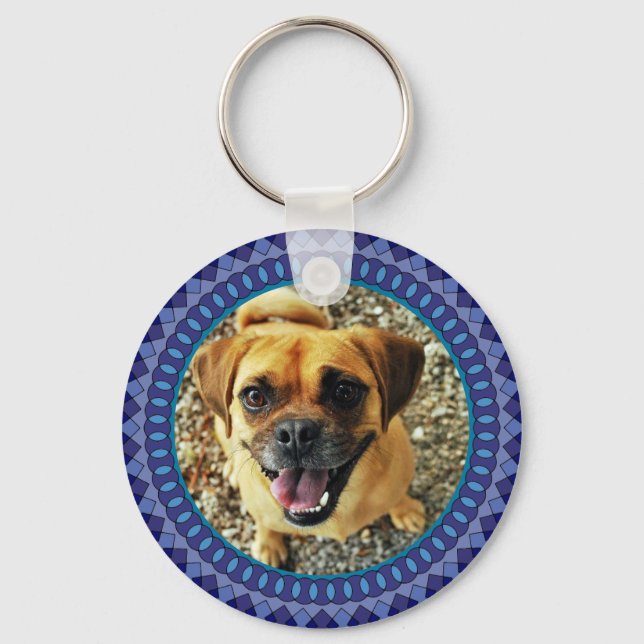 2 Pet Photos Blue Pattern Keychain (Front)