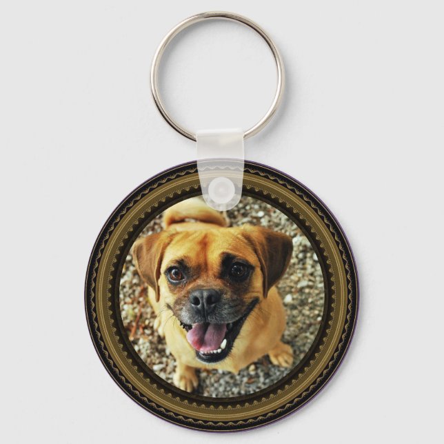 2 Pet Photos on Black Pattern Keychain (Front)