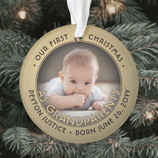 2 Photo 1st Christmas as Grandparents Black & Gold Ornament (Creator Uploaded)