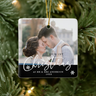 2-Photo 1st Christmas as Mr and Mrs Modern Script Ceramic Ornament