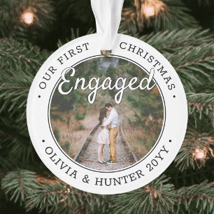 2 Photo 1st Christmas Engaged Modern Black & White Ornament