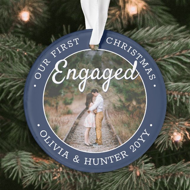 2 Photo 1st Christmas Engaged Navy Blue and White Ornament (Creator Uploaded)