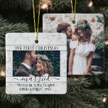 2 Photo 1st Christmas Married Elegant Faux Marble Ceramic Ornament<br><div class="desc">Celebrate a joyful 1st holiday as Mr. and Mrs. with a custom 2 photo "Our First Christmas Married" square faux marble ceramic ornament. All text and images on this template are simple to personalize. (IMAGE PLACEMENT TIP: An easy way to center a photo exactly how you want is to crop...</div>