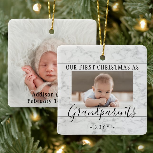 2 Photo 1st Xmas Grandparents Script Faux Marble Ceramic Ornament (Creator Uploaded)
