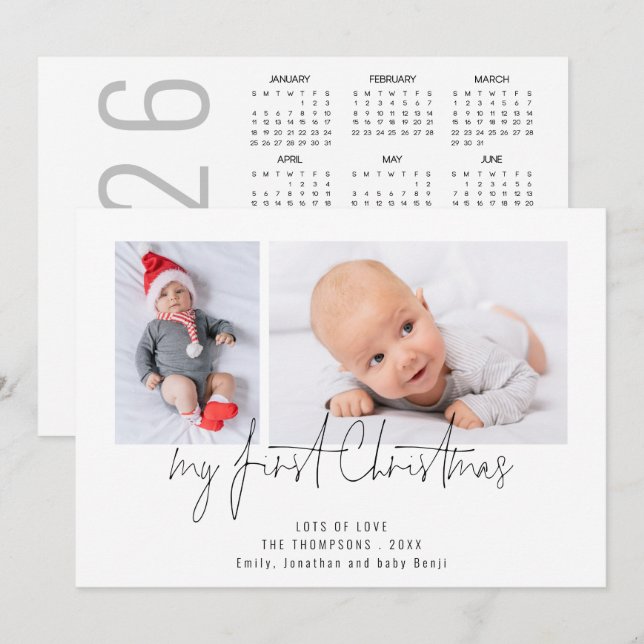 2 Photo 2026 Calendar Baby First Christmas Holiday Card (Front/Back)