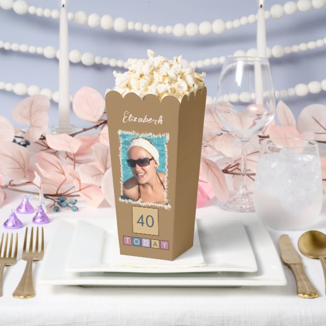 2 photo add name 40th *any age brown popcorn favour box (Wedding)