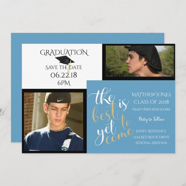 2 PHOTO and CHOOSE COLOR White Blue Graduation Invitation (Front/Back)