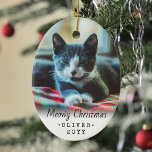 2 Photo Any Text Meowy Christmas Cat Simple White Ceramic Tree Decoration<br><div class="desc">Celebrate the simple joys of your furry family member with a custom 2 photo oval ceramic ornament. Text and kitten pictures on this template are simple to personalize and can be different or the same on front and back. If preferred, change "Meowy Christmas" to any message you choose. Ornament can...</div>