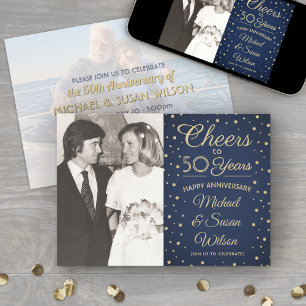 2 Photo ANY YEAR Anniversary Cheers Navy Blue Gold Invitation