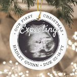 2 Photo Baby Ultrasound New Parents Expecting Ceramic Tree Decoration<br><div class="desc">Celebrate the precious gift of your newest family member with a stylish two photo round ceramic ornament. Gender neutral design is suitable for a new baby boy or girl. Wording and pictures on this template are simple to personalize, and can be different or the same on front and back. (IMAGE...</div>