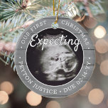 2 Photo Baby Ultrasound New Parents Faux Gray Wood Ceramic Tree Decoration<br><div class="desc">Celebrate the precious gift of your newest family member with a stylish two photo round ceramic ornament. Gender neutral design is suitable for a new baby boy or girl. Wording and pictures on this template are simple to personalize, and can be different or the same on front and back. (IMAGE...</div>